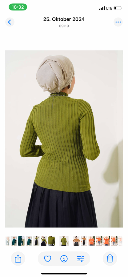 Rippstrick-Longsleeve mit Stehkragen – Olivgrün